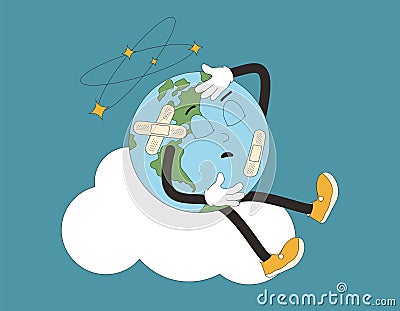 Earth hurt retro mascot. Sick planet cartoon character for holiday banner. Climate change and ecological problems. Vector flat Vector Illustration