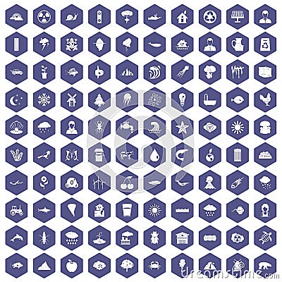 100 earth icons hexagon purple Vector Illustration