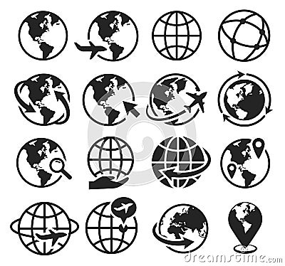 Earth icons. International communication, internet, go to web, worldwide traveling by plane. Globe world geography Vector Illustration