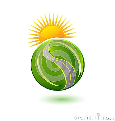 Earth of leafs sun and road icon logo Vector Illustration