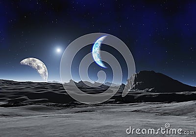 Earth Like Planet with two Moons Cartoon Illustration