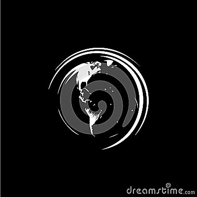 Earth logo template, globe world round emblem, save planet icon. Global planet sphere hand drawing emblem on black Vector Illustration