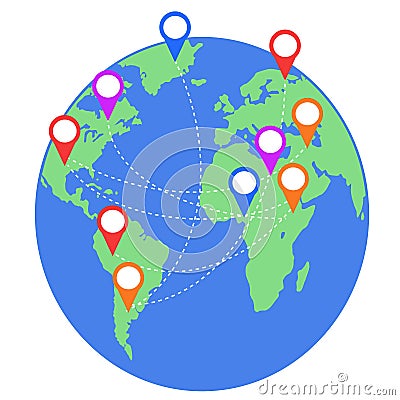 Earth map with geo location pins travel elements Vector Illustration