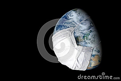 Earth in medical mask isolated on black background, concept of coronavirus in world and COVID-19 pandemic. Globe with protect from Stock Photo