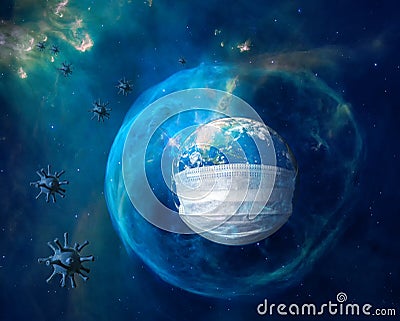 Earth in medical mask in outer space, concept of coronavirus in world and COVID-19 pandemic. Blue globe with protection and corona Stock Photo