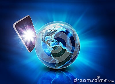 Earth with mobile abstract on blue background Stock Photo