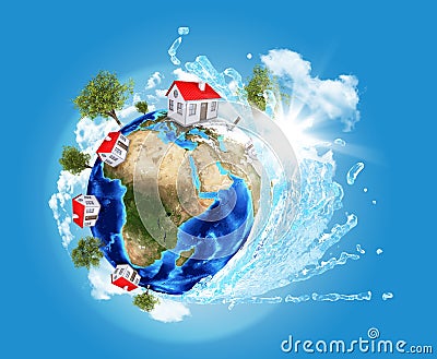 Earth model with ocean wave and houses Stock Photo