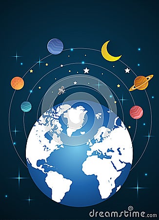 Earth and Moon rotates in orbit Vector Illustration