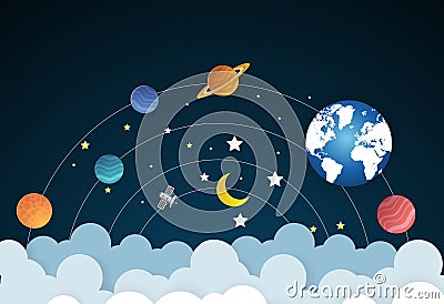 Earth and Moon rotates in orbit Vector Illustration