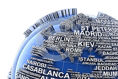 Earth with names of major cities in the world Stock Photo