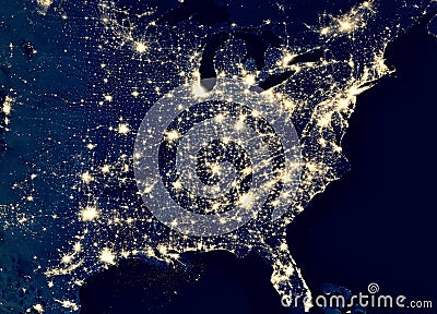 Earth at night, view of city lights in East of United States from space. USA on world map on global satellite photo. US terrain on Stock Photo