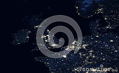 Earth at night, view of city lights showing human activity in UK, Netherlands and Belgium from space Stock Photo