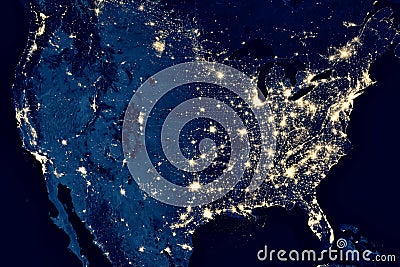 Earth at night, view of city lights in United States from space. USA on world map on global satellite photo. US terrain on dark Stock Photo