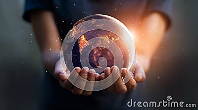 Earth at night was holding in human hands. Earth day. Stock Photo