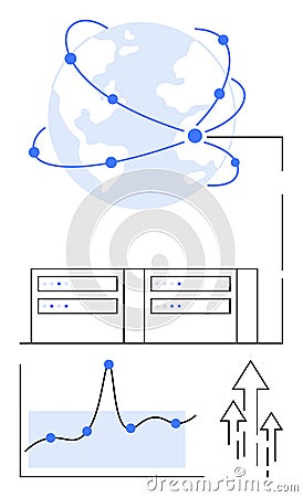 Global Connectivity and Data Analysis with Network Nodes, Servers, and Performance Graph Vector Illustration