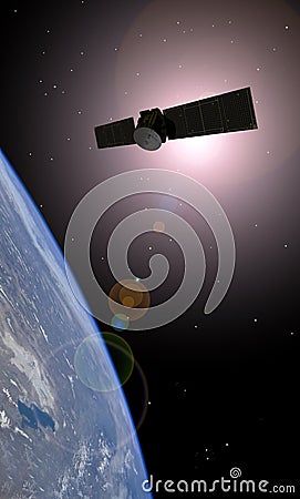 HIGH TECH ELECTRONIC COMMUNICATION ORBITING SATELITE INDUSTRY TECHNOLOGY CONNECTIVITY BACKGROUND Stock Photo