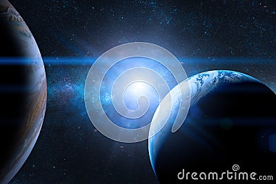 Earth in the outer space with beautiful planet. Blue sunrise. Stock Photo