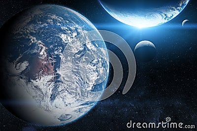 Earth in the outer space with beautiful planet. Blue sunrise. Elements of this image furnished by NASA Stock Photo