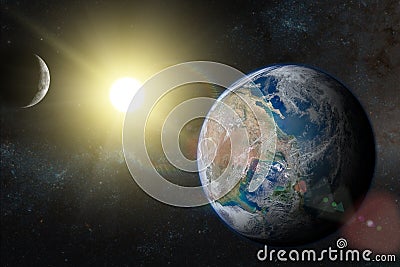 Earth in the outer space with beautiful sunrise. Stock Photo