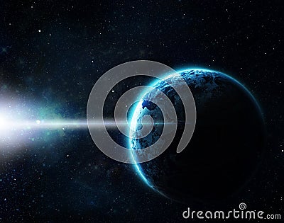 Earth, outer space and globe view of world and solar system in galaxy with stars. Universe, astrology and aerospace of a Stock Photo