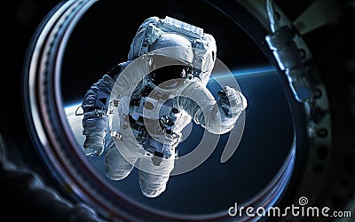 Earth planet and astronaut in space ship window porthole. Elements of this image furnished by NASA Editorial Stock Photo