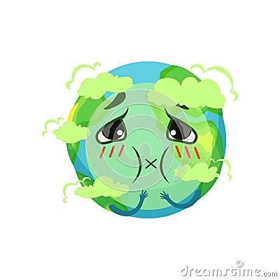 Earth planet character suffocating from carbon dioxide, atmospheric pollution vector Illustration Vector Illustration