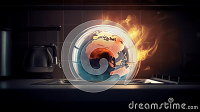 earth planet globe over flames of a stove burning, the concept of conventional Stock Photo