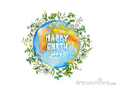 Earth planet with green grass, meadow flowers around. Ecology concept, environmental watercolor for Earth day Stock Photo