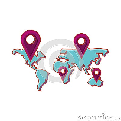 earth planet map with pointers location Cartoon Illustration