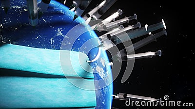 Earth planet in medical mask and syringes. Covid vaccination concept. 3d rendering Stock Photo