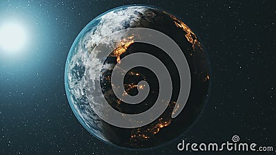 Earth planet orbit rotate at bright sun in dark outer space. Realistic third planet of Solar system Stock Photo