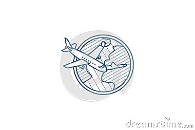 Earth Planet. Plane trip around the world isometric icon. 3d line art technical drawing. Editable stroke vector Cartoon Illustration