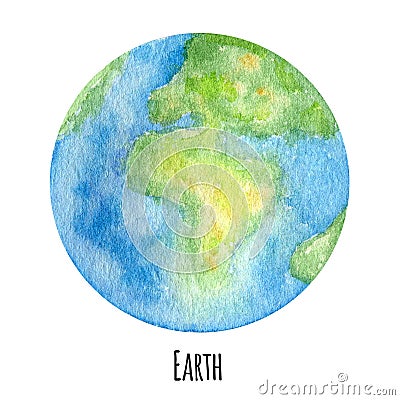 Earth Planet of the Solar System watercolor illustration. Globe Symbol, World map, ecology green Earth day concept on Cartoon Illustration