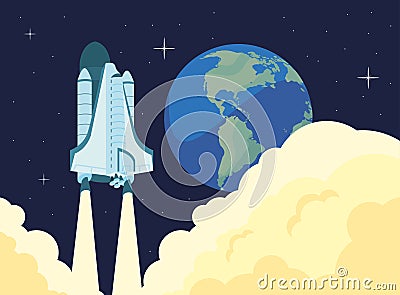 earth planet and spaceship Vector Illustration