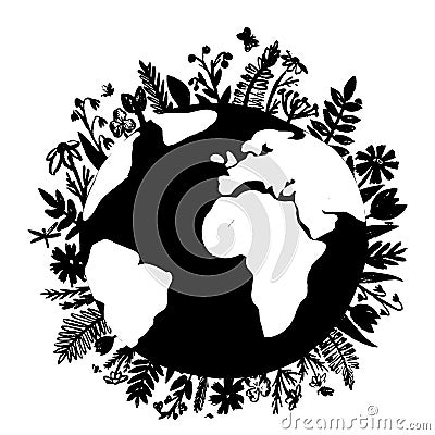 The Earth with plants and herbs around on white background. A hand drawn flat globe. Postcard for the Earth day. Vector Stock Photo