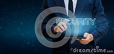 Earth polygon mesh planet World Businessmen shake hands to protect information in cyberspace. Businessman holding shield protect i Stock Photo