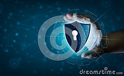 Earth polygon mesh planet World Businessmen shake hands to protect information in cyberspace. Businessman holding shield protect i Stock Photo