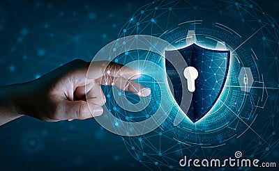 Earth polygon mesh planet World Businessmen shake hands to protect information in cyberspace. Businessman holding shield protect i Stock Photo