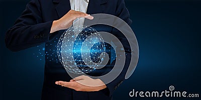 Earth polygon mesh planet World Map In the hands of a businessman network technology and communication Space input data Stock Photo