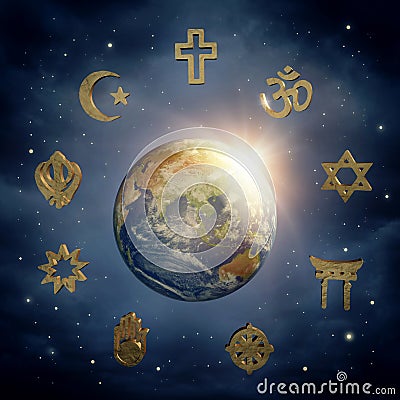 Earth and religious symbols Stock Photo