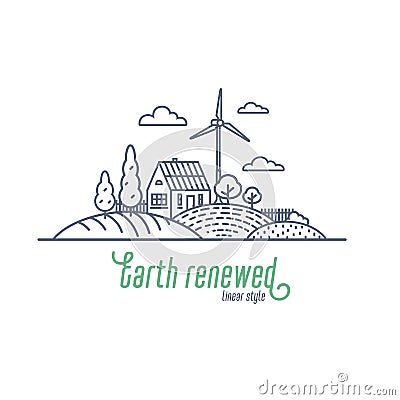 Earth renewed concept thin line vector illustration. Windmill and solar energy as an alternative electricity resource Vector Illustration