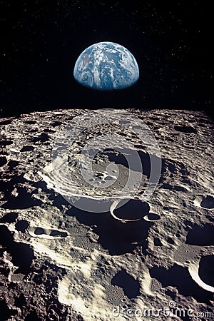 Earth rises above lunar horizon. Stock Photo