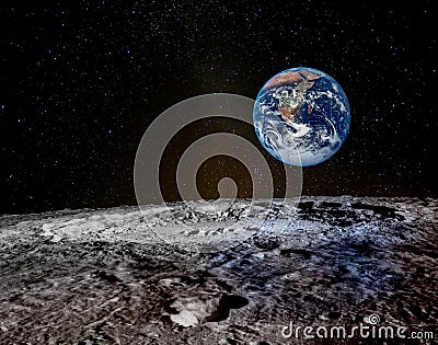 Earth rises above lunar horizon. Stock Photo