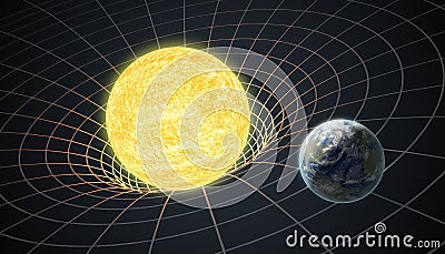 Earth rotating around Sun. Gravity and general theory of relativity concept. 3D rendered illustration Cartoon Illustration