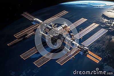 Earth's orbital satellites fly around it, communication satellites in space, generative AI. Stock Photo