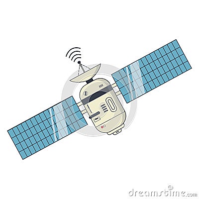 Earth satellite network provider banner. Communication satellite with solar panels and dish with the antenna. Stock Photo