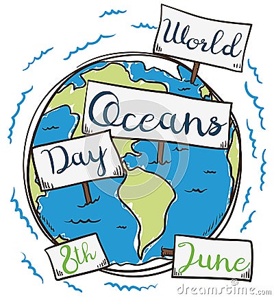 Earth with Signs in Hand Drawn Style for Oceans Day, Vector Illustration Vector Illustration