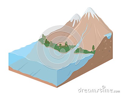 Earth slice with mountain landscape and ocean, vector illustration. Vector Illustration