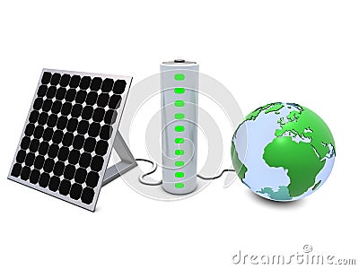Earth, solar panel and battery Stock Photo