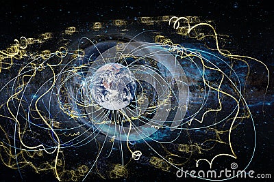 Earth in space enmeshed network line of astrology data flow. Abstract esoteric concept information fields. Stock Photo